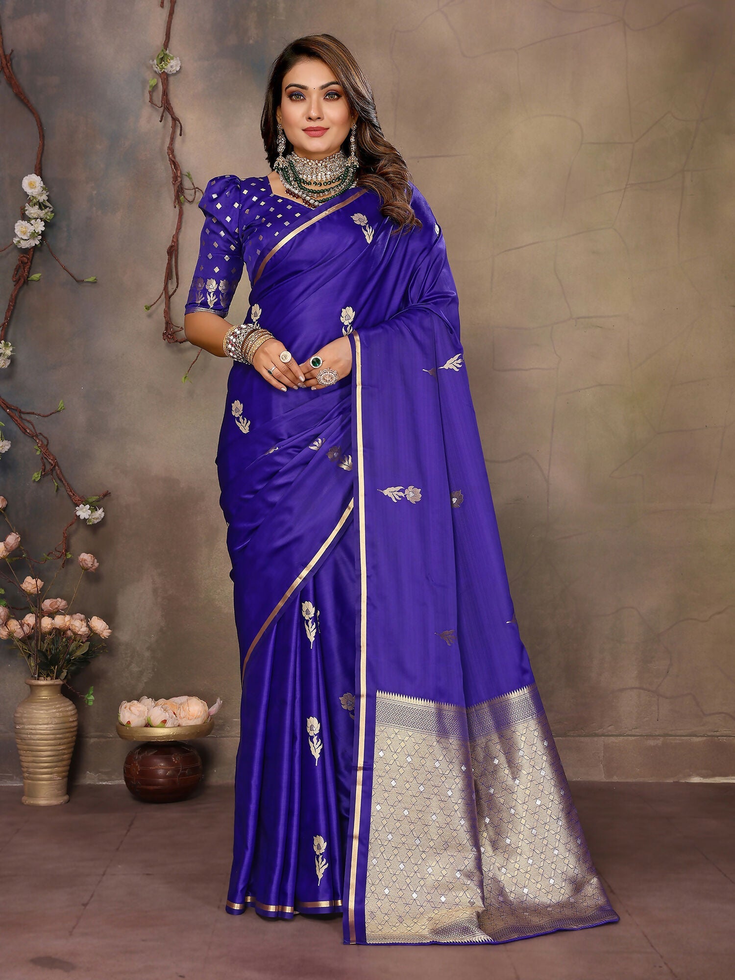 Indigo Blue Satin Silk Banarasi Saree with floral botanical patterns and matching blouse