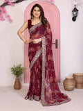 Rich WINE colored georgette saree with traditional Bandhani print.