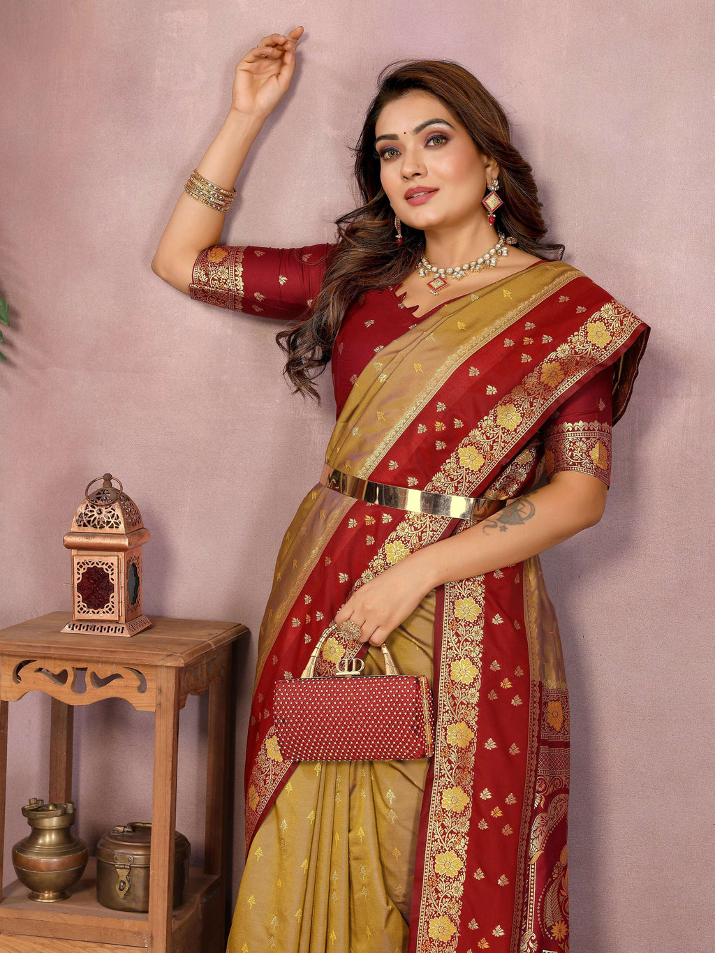 Mustard Kalamkari Silk Zari Woven Saree with Traditional Motifs