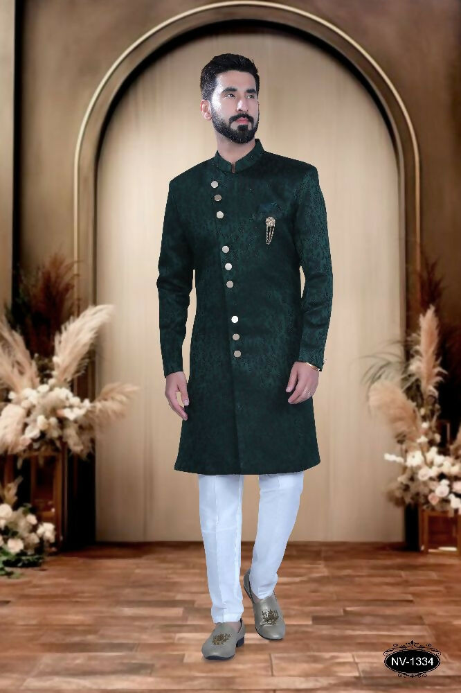 Boys green satin kurta set with self-design, ideal for festive celebrations.