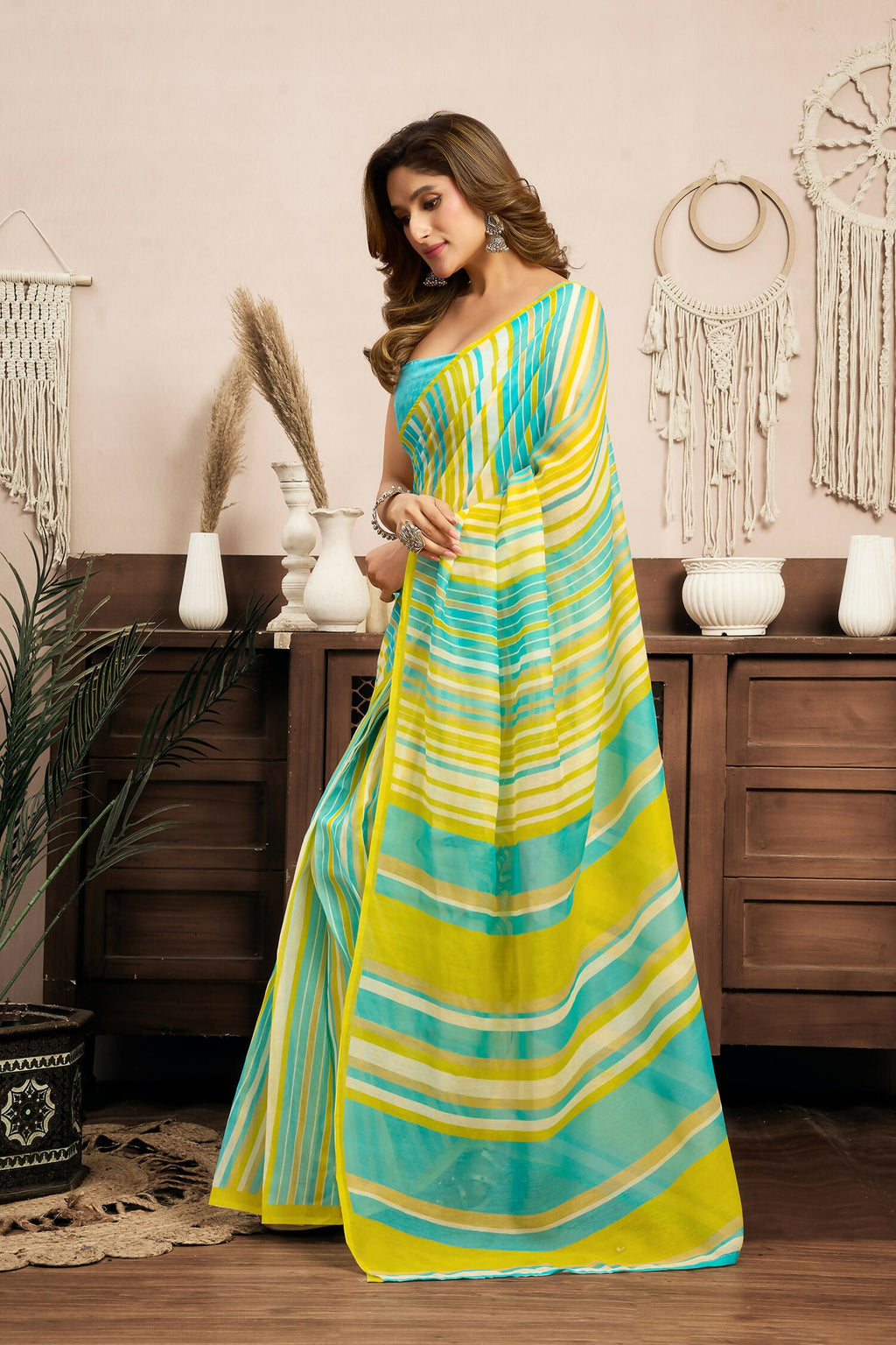 Yellow Leheriya Linen Ready to Wear Saree with Turquoise Blouse