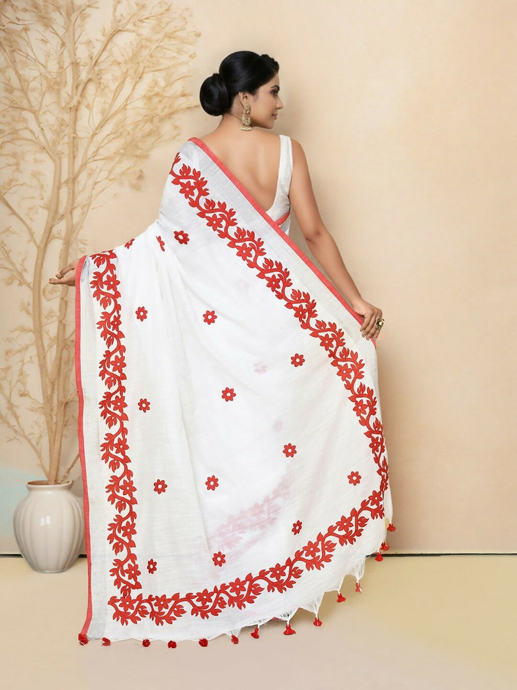 White & Red Cotton Applic Saree with Traditional Design