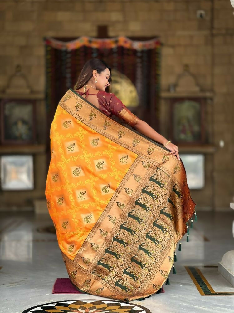 Mustard Orange Soft Banarasi Silk Saree with Zari Meenakari