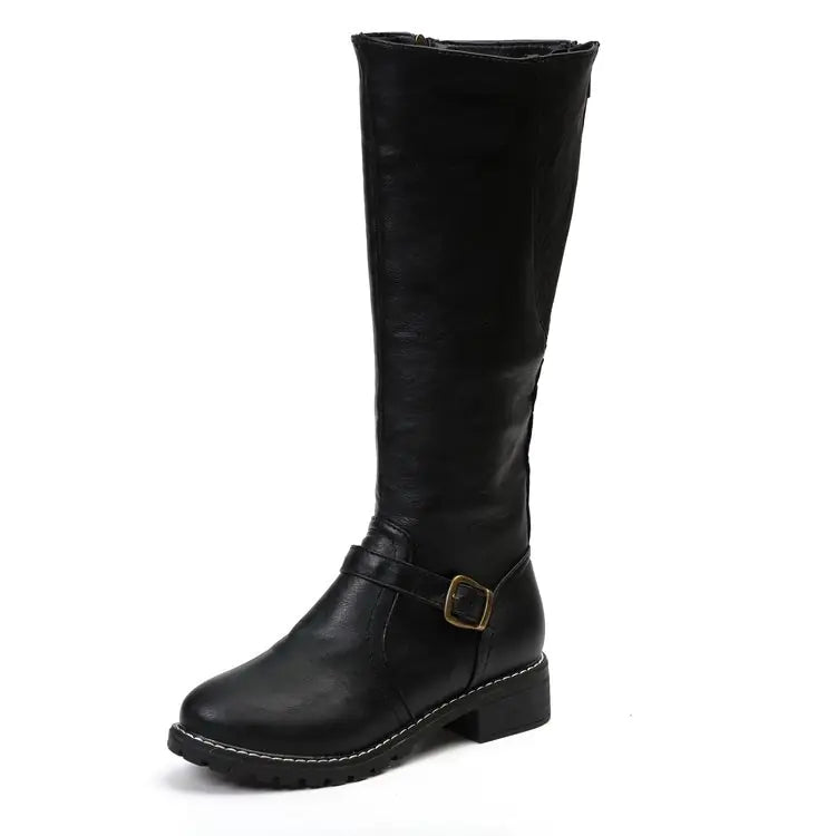 Women's Retro Knee-High Boots with Buckle and Low Block Heel - Image 12