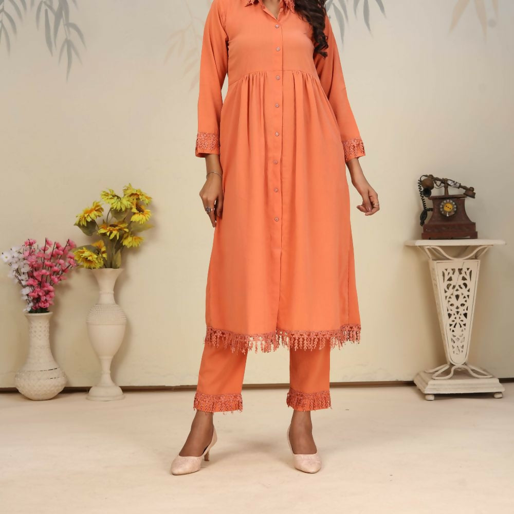 Women's Orange Rinkal Cotton Straight Kurti with Side Pockets