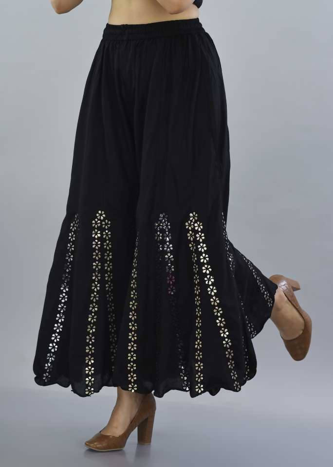 Women's Black Mirror Work Palazzo Pants - Elegant Wide Leg