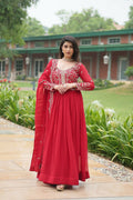 Vibrant Red Georgette kurta set featuring sequence embroidery and a soft cotton inner.