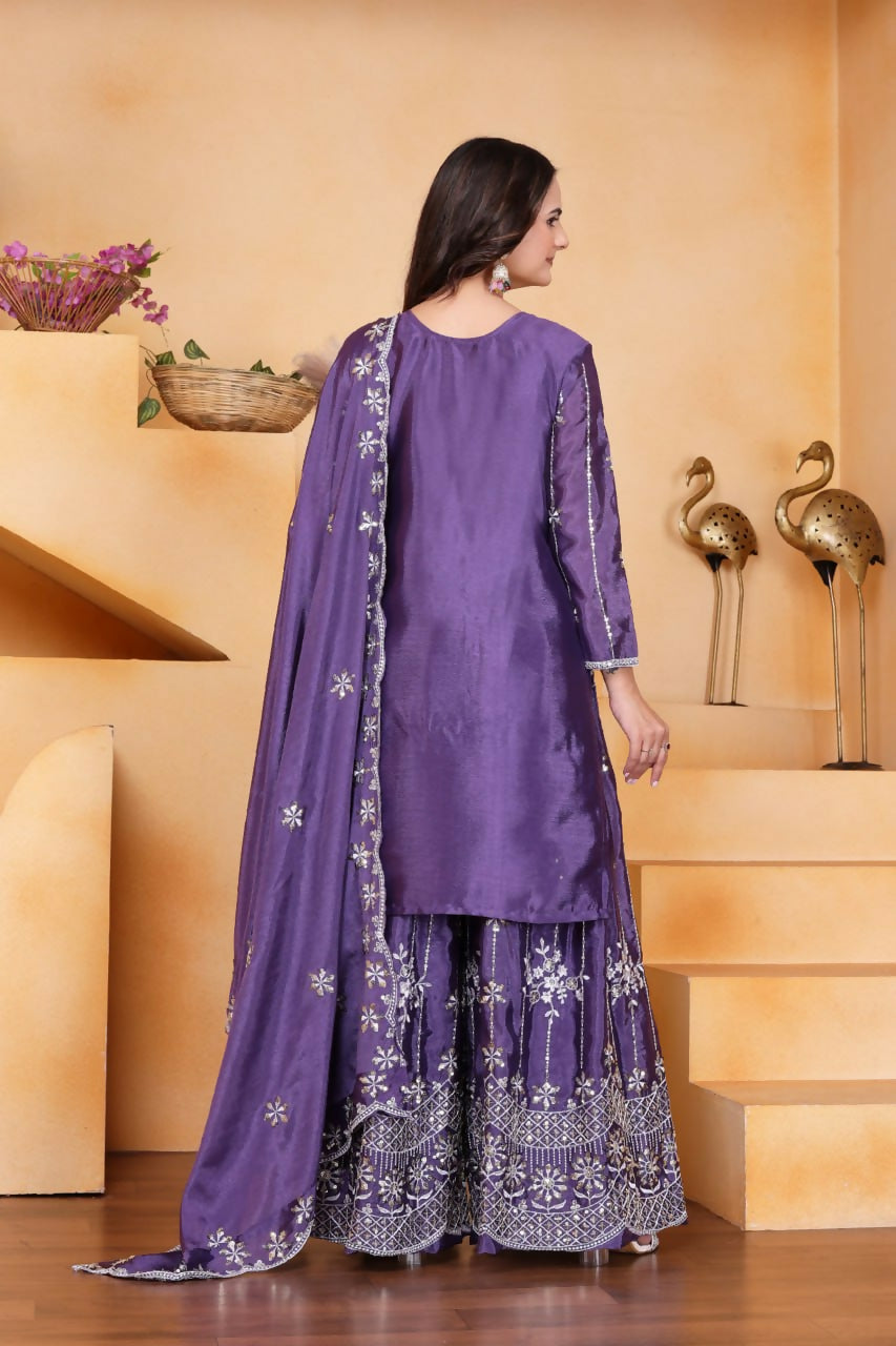 Purple Silk Embroidered Sharara Set for Traditional Events