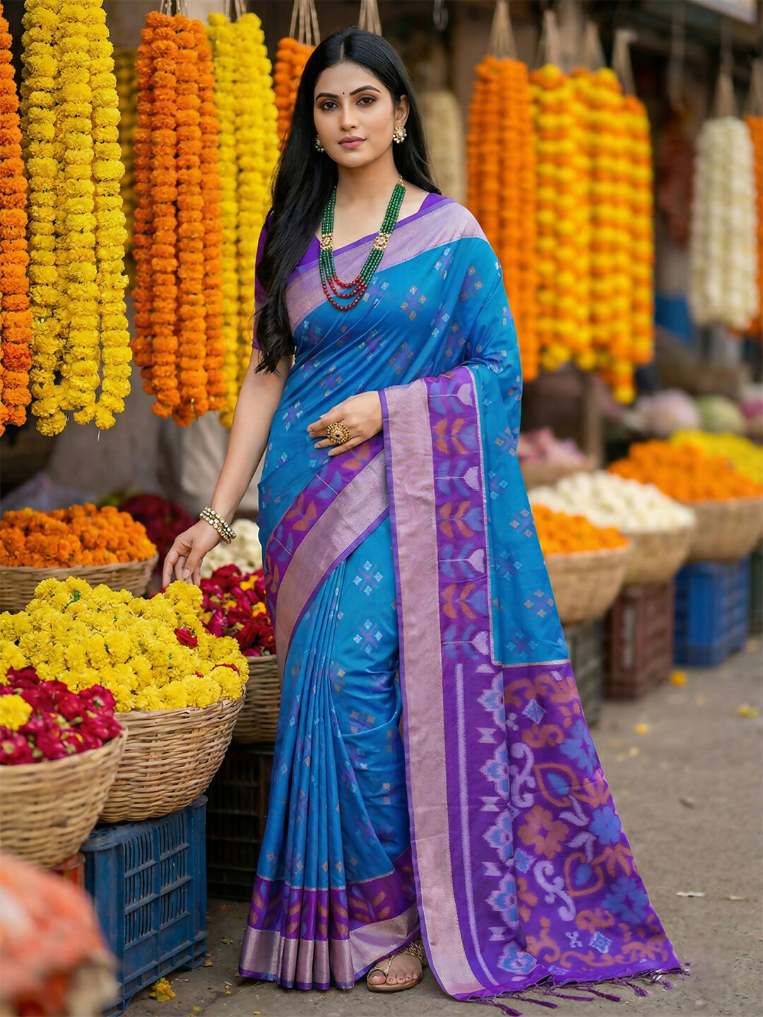 Blue Pochampally silk saree with traditional woven patterns