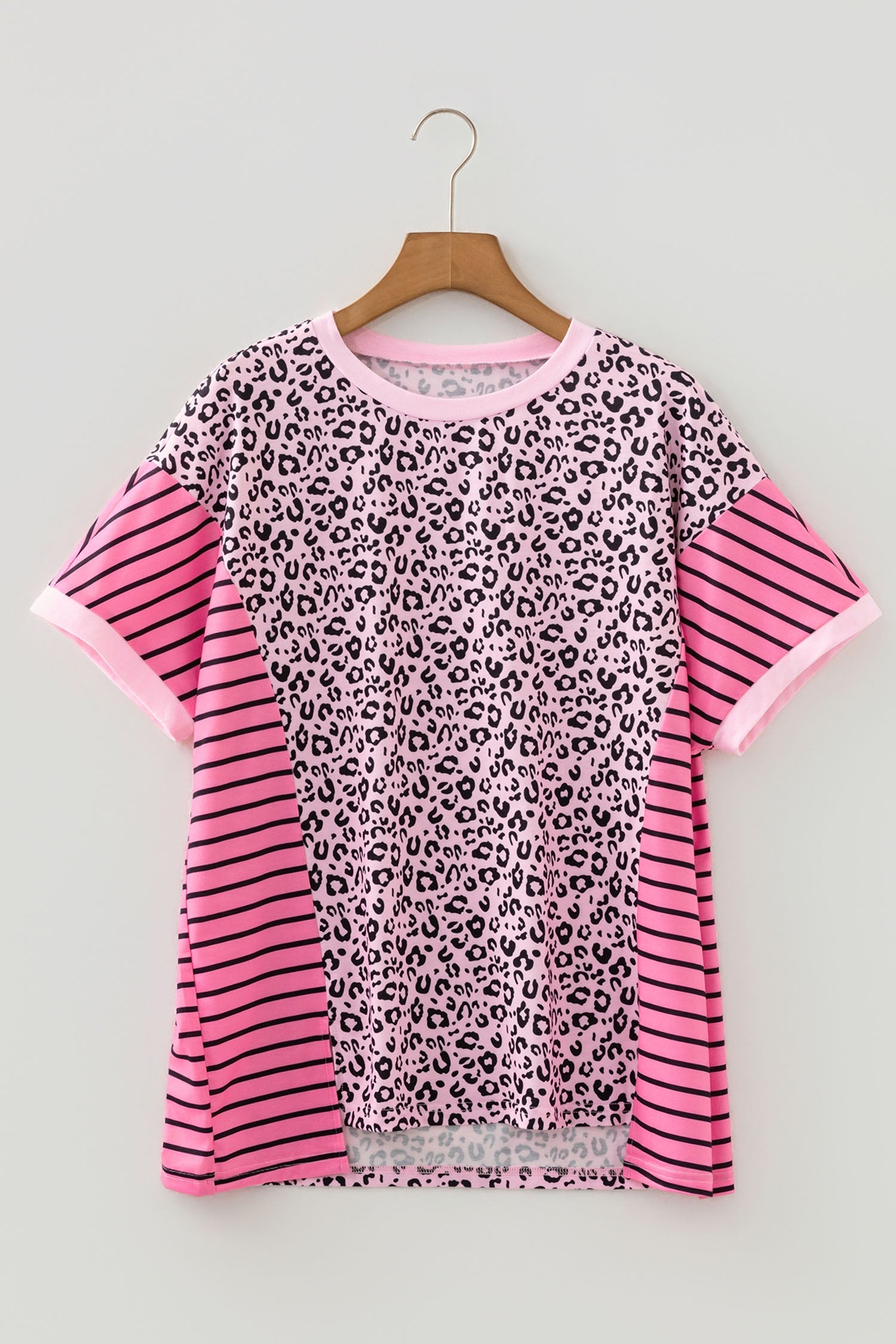 Plus Size Leopard Stripe Contrast Patchwork Tee