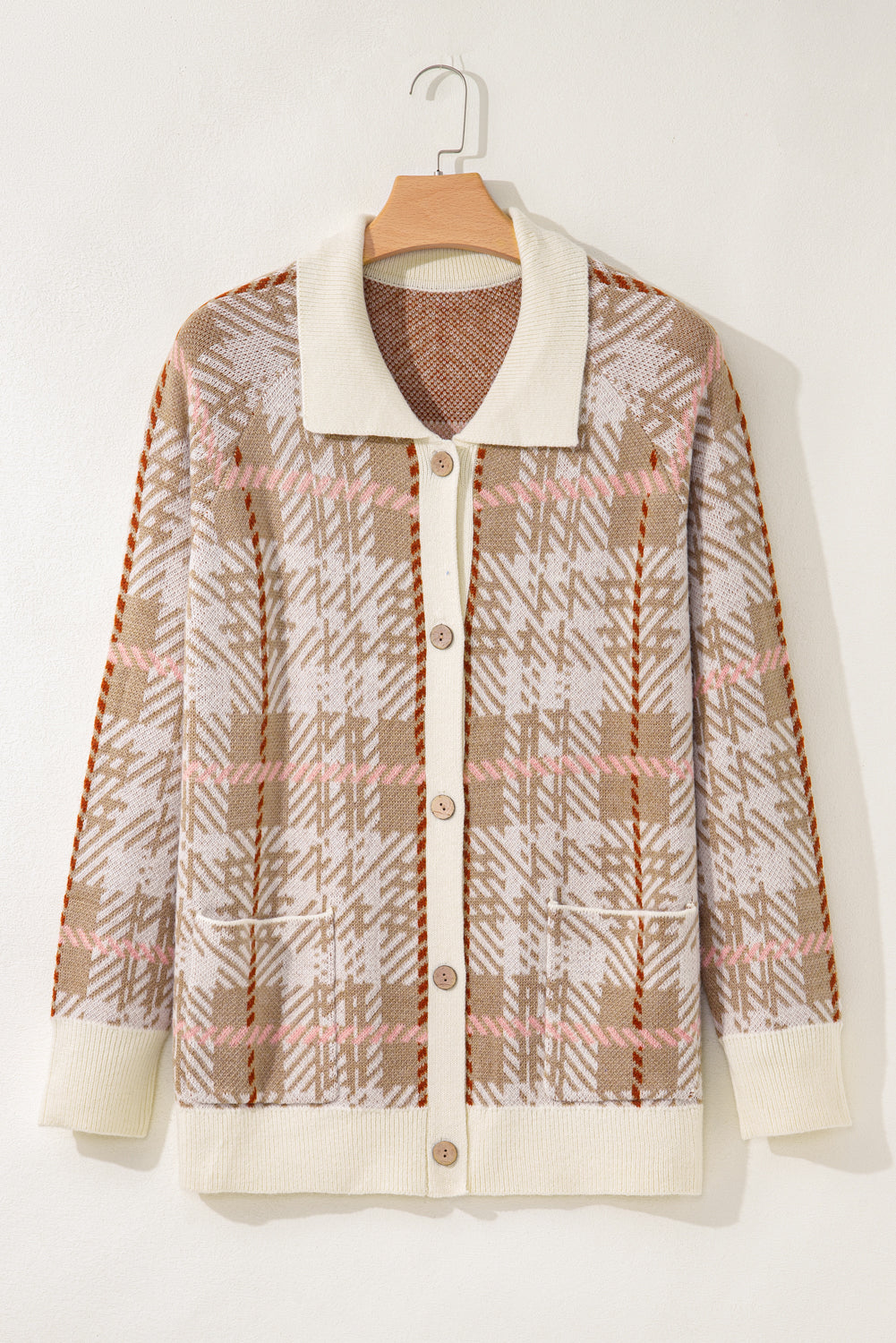 Plus Size Plaid Ribbed Trim Button Front Cardigan