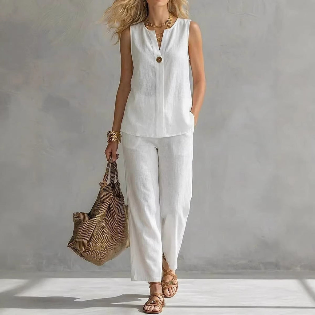 Women's Sleeveless V-Neck Top and Wide Leg Pant Two-Piece Set