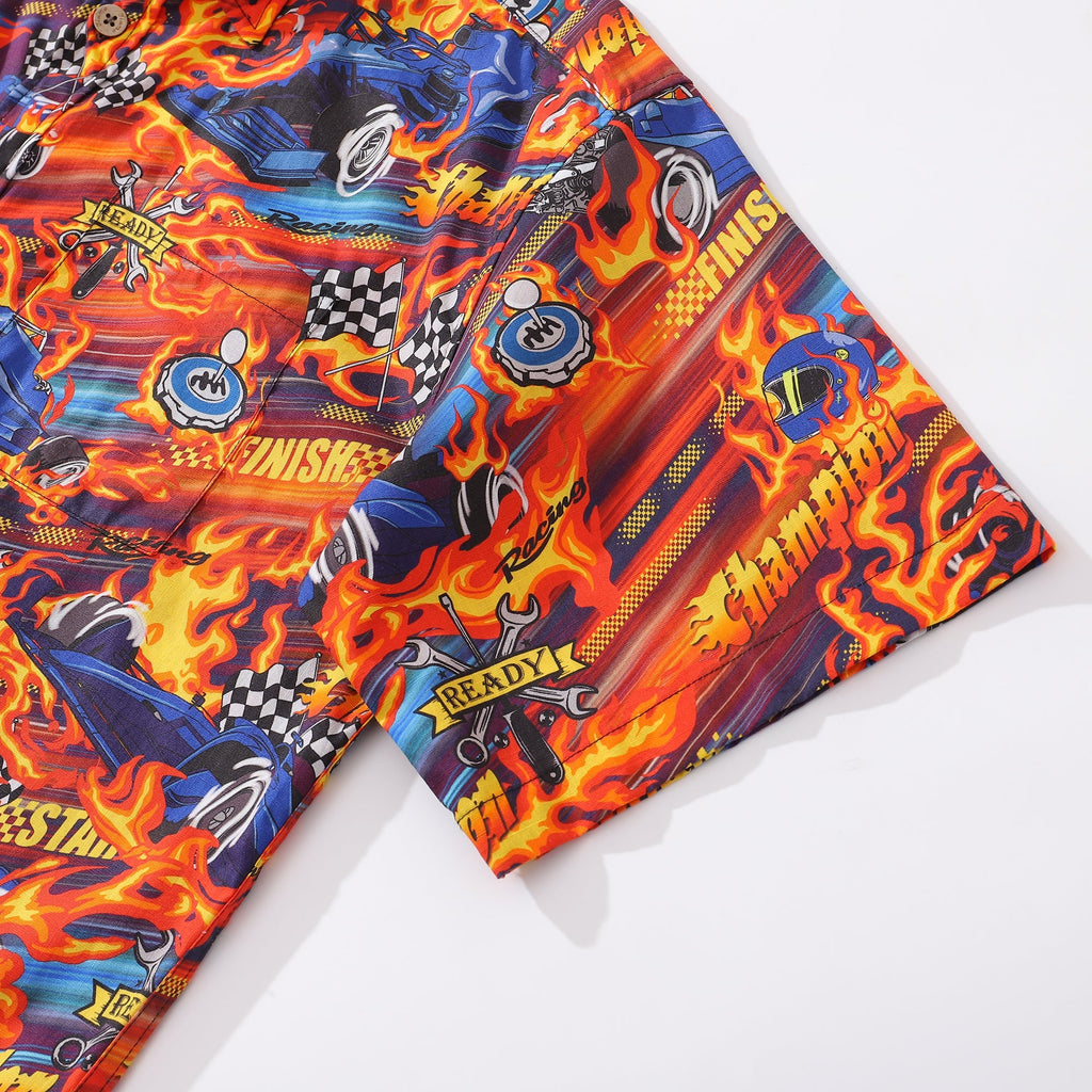 Men's Retro Racing-Core Short Sleeve Cotton Button-Down Shirt