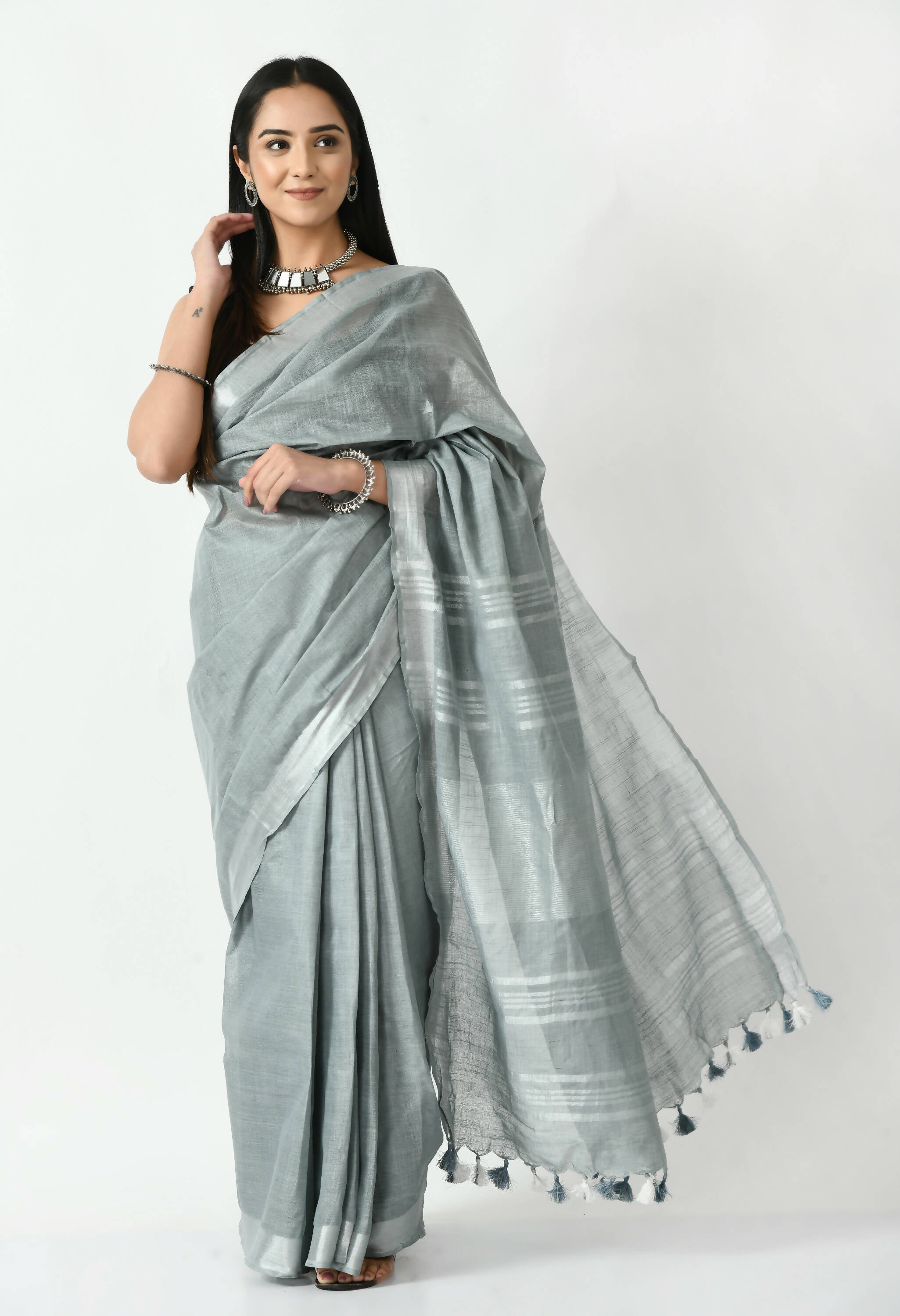 Gray Bhagalpuri Handloom Silk Linen Saree with silver detailing and unstitched blouse piece