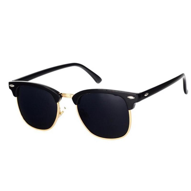 Unisex semi-rimless vintage retro sunglasses in black and gold with polarized lenses.