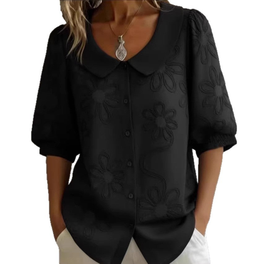 Women's Loose-Fit Retro 3D Embroidered Floral Buttoned Casual Top - Image 3