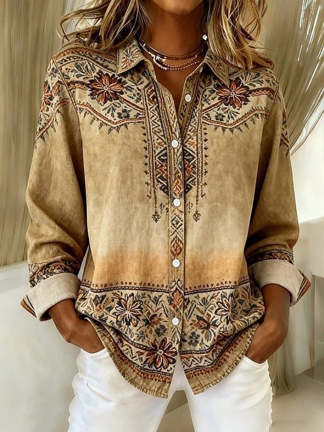 Women's Floral Print Long Sleeve Lapel Button-Down Blouse - Image 3