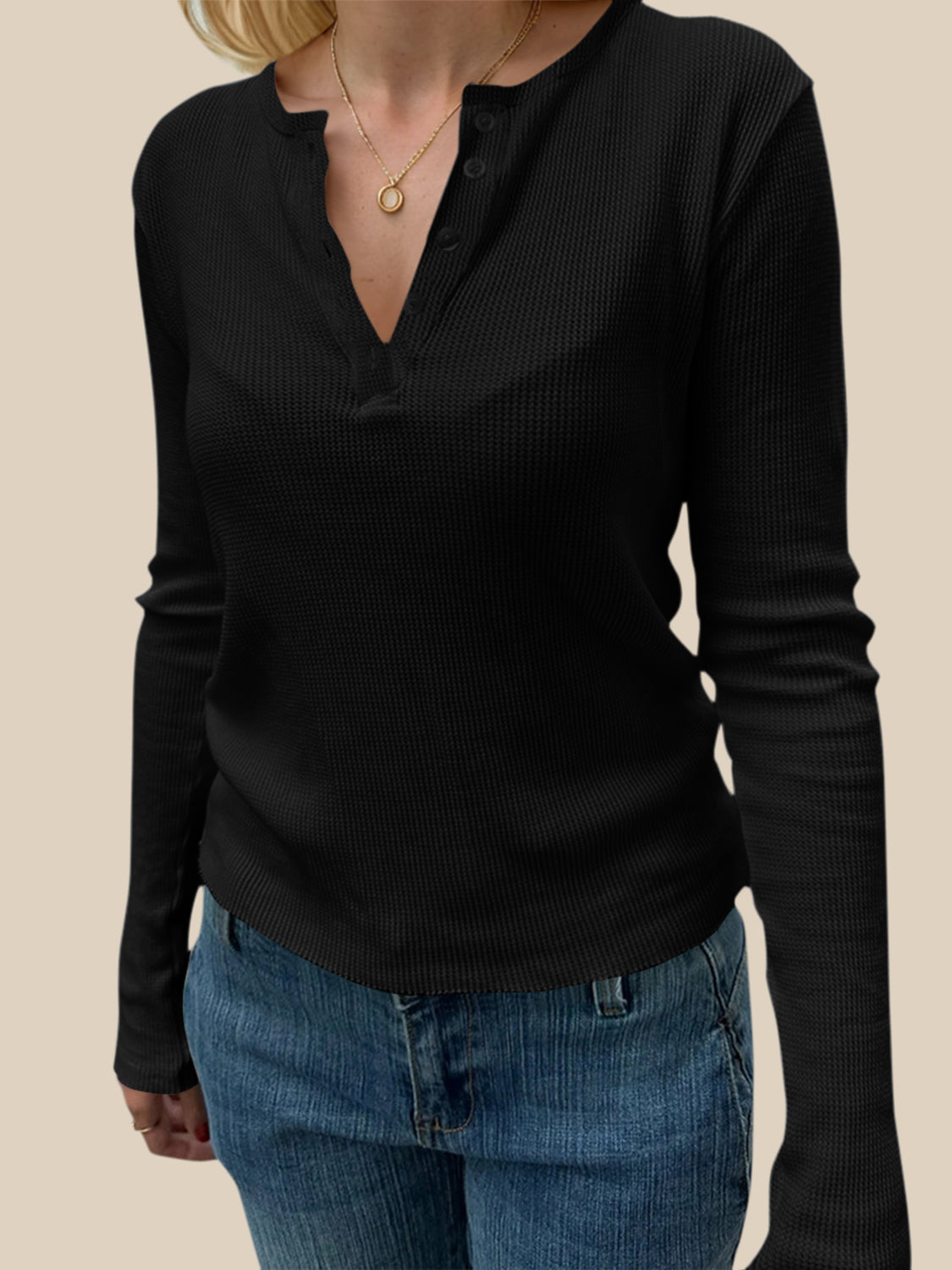 White Waffle Knit Long Sleeve Button Up Henley T-Shirt - Image 13