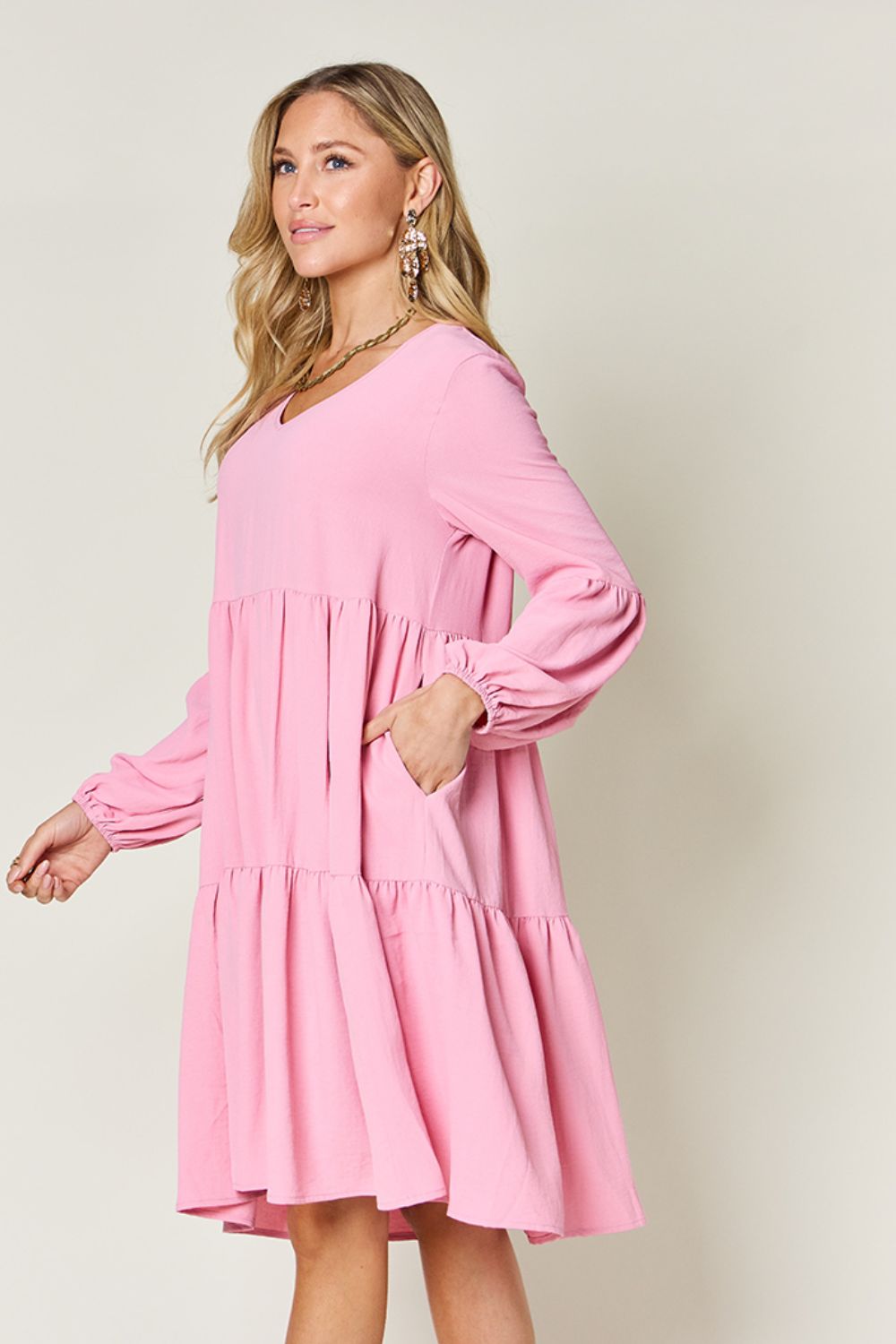 Light Green V-Neck Tiered Midi Dress with Side Pockets