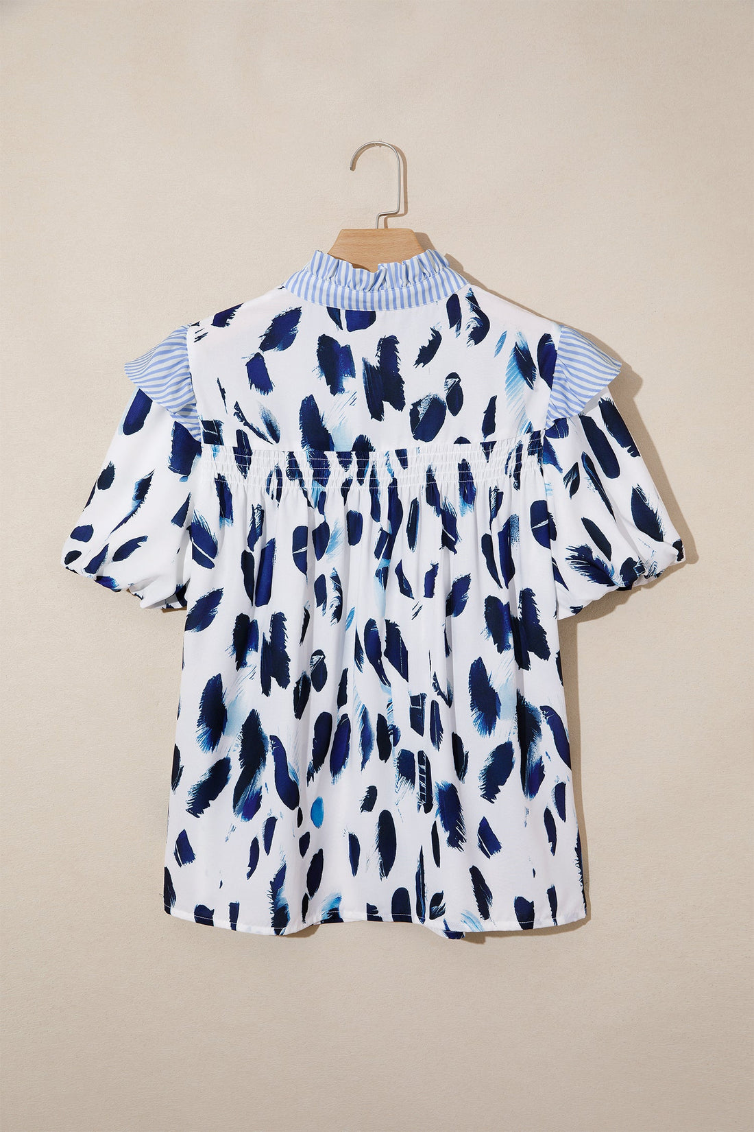 Abstract Leopard Stripe V-Neck Blouse with Ruffle Trim
