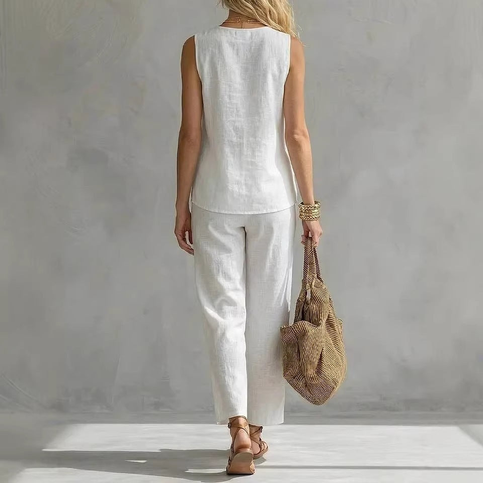 Women's Sleeveless V-Neck Top and Wide Leg Pant Two-Piece Set