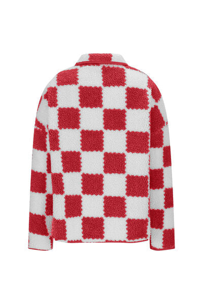 Women’s Checkered Snap Down Teddy Jacket in White and Brown