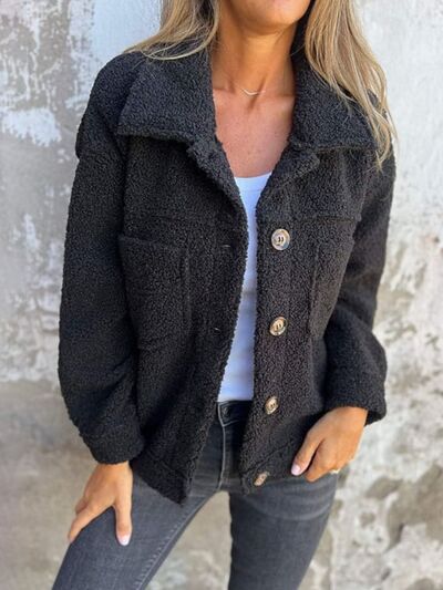 Women's Fuzzy Button-Up Jacket with Drop Shoulder