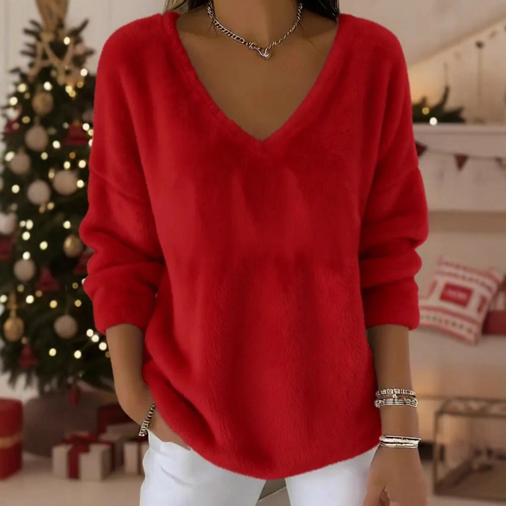Women’s Plush V-Neck Drop Shoulder Pullover Sweater in Pink - Image 4