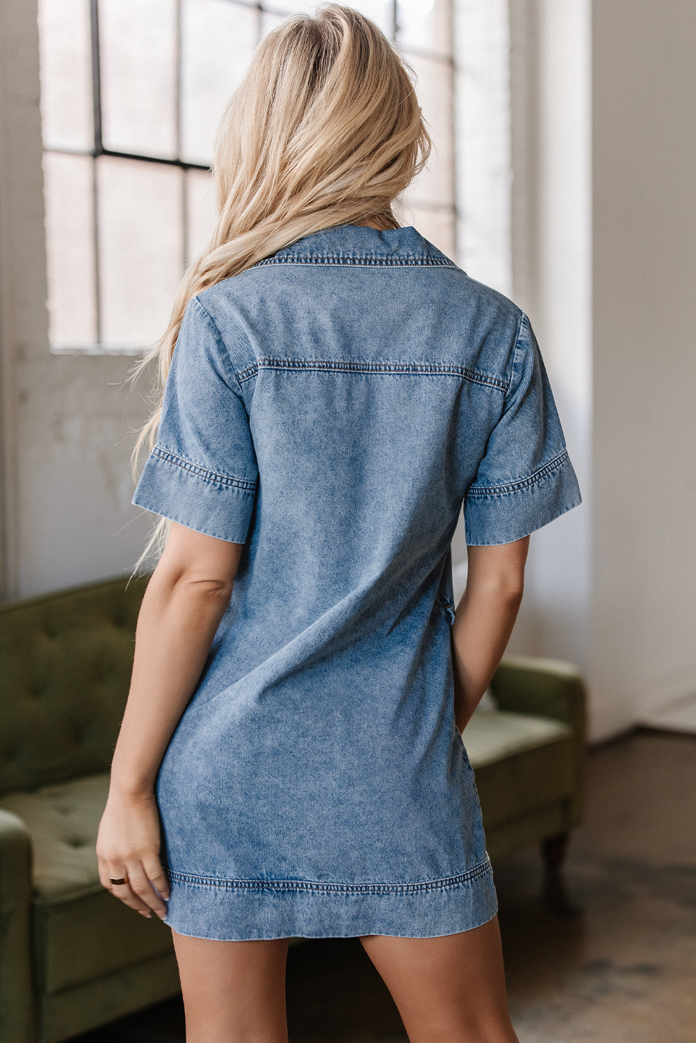 Solid Denim Collared Patch Pocket Mini Dress