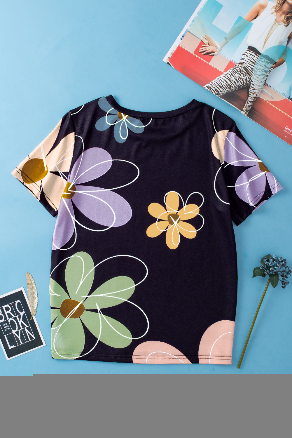 Black Summer Flower Print Casual Round Neck T-Shirt
