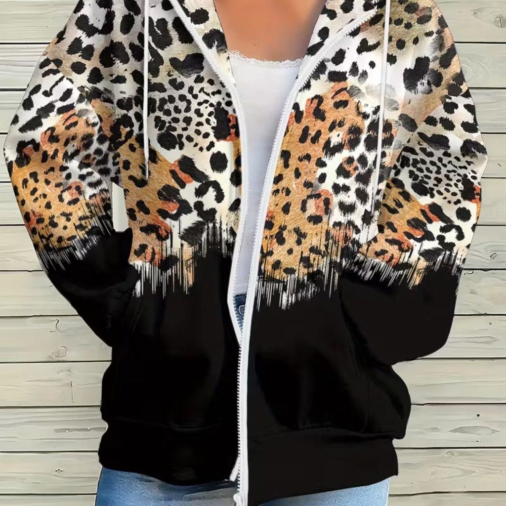Plus Size Women's Full-Body 3D Gradient Leopard Print Zip-Up Hooded Jacket