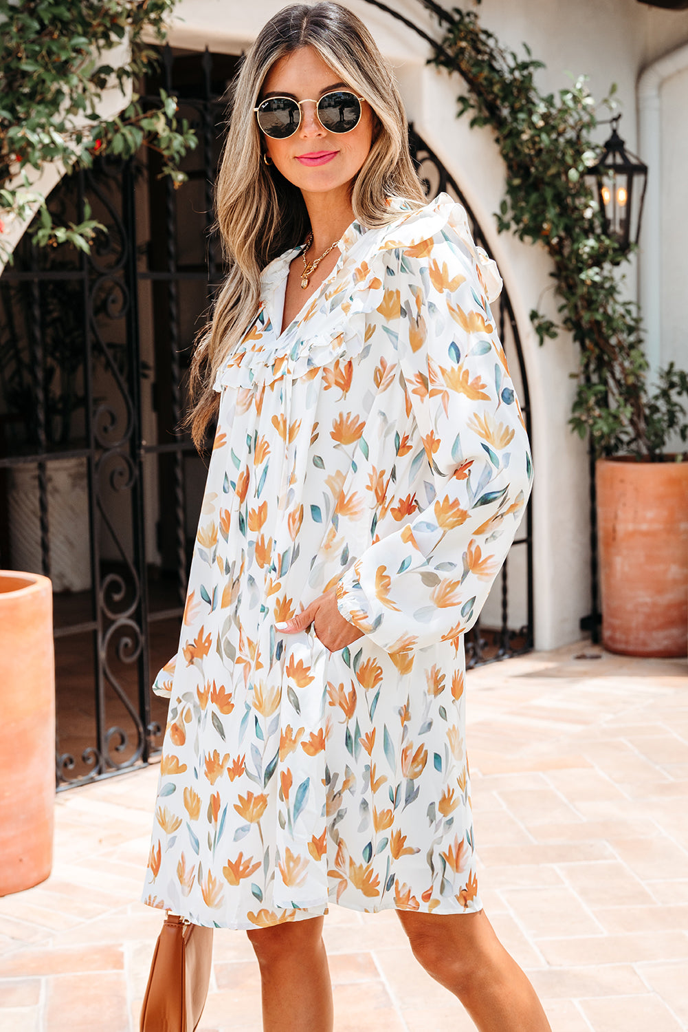 Yellow Floral Print Tie Neck Long Sleeve Ruffle Mini Dress - Image 6
