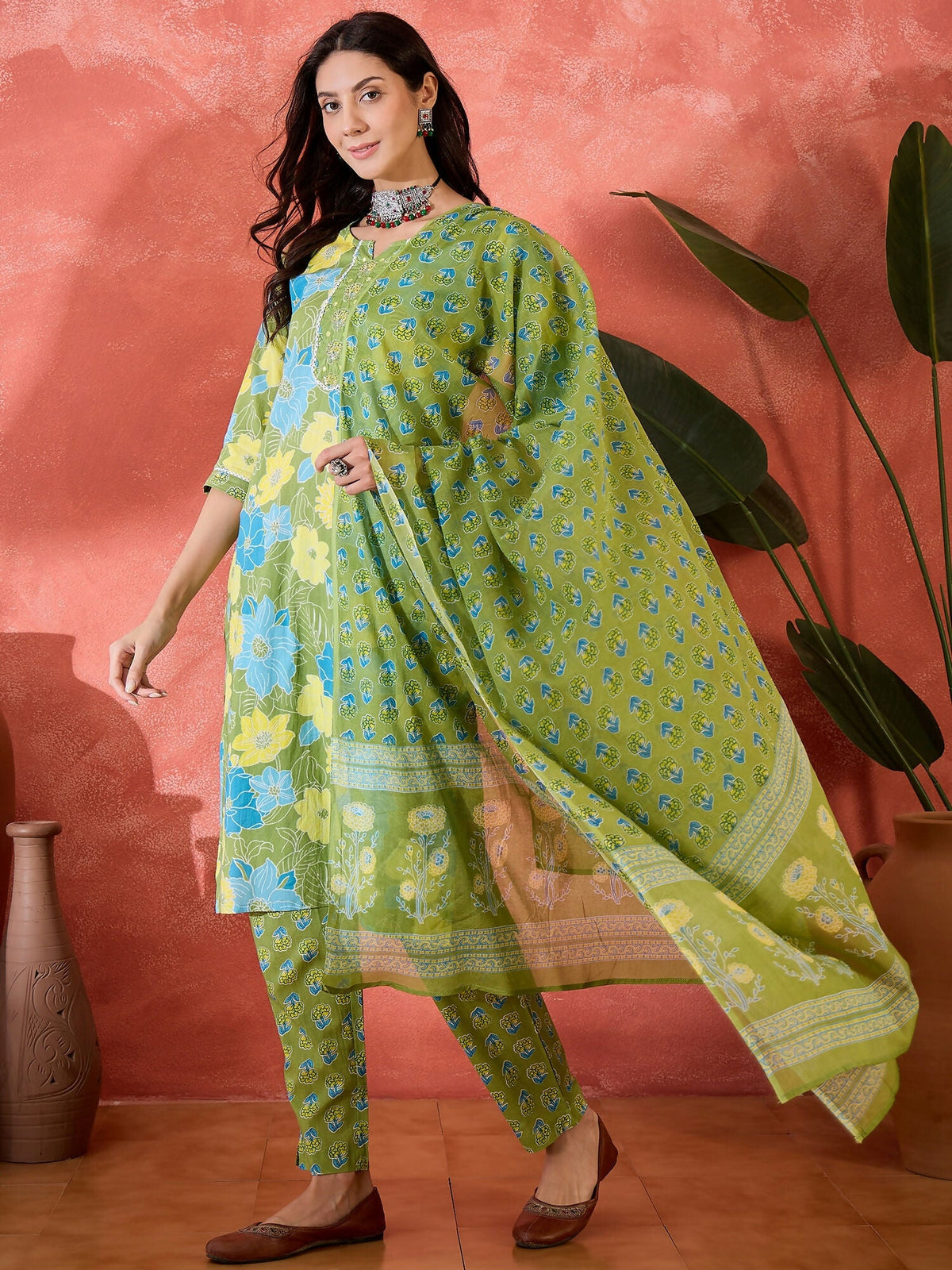 Printed Green Pure Cotton Kurta Set for Women