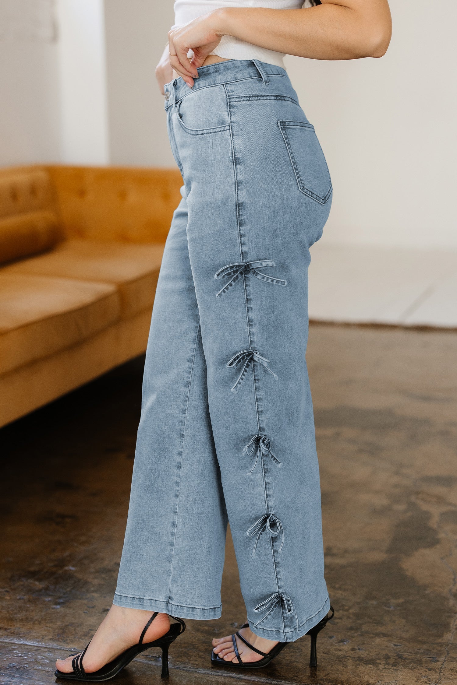 Beau Blue Bow Knot Side Detail Straight Leg Loose Jeans
