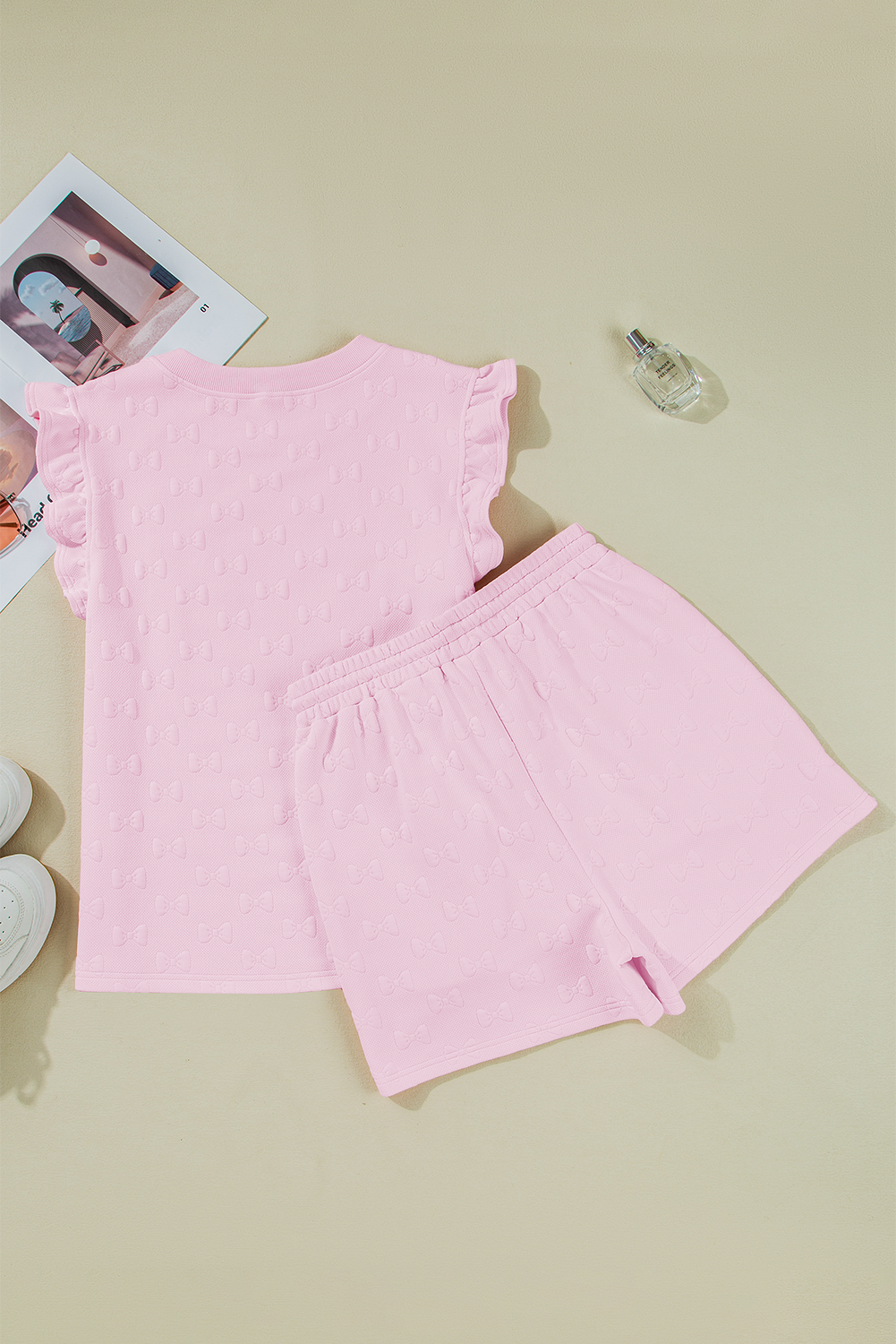 Pink Bow Jacquard Ruffle Sleeve 2-Piece Outfit Set