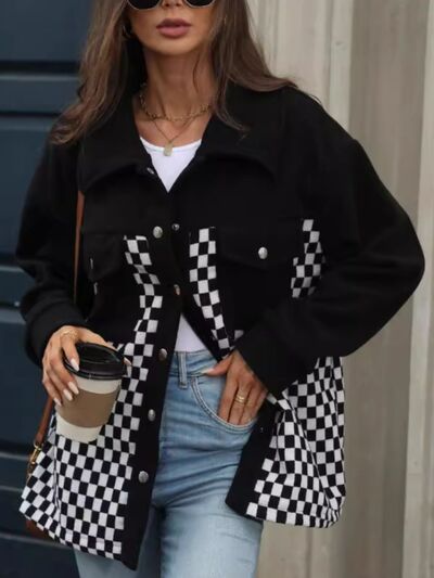 Black and white checkered long sleeve jacket with snap-button front