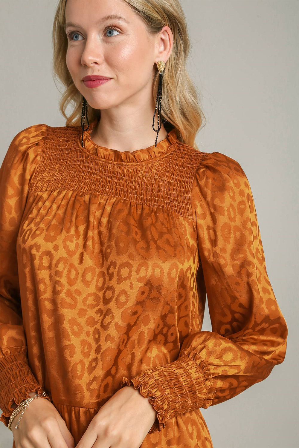 Smocked Leopard Print Long Sleeve Tiered Dress