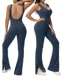 Wenlia One Piece Workout Jumpsuits for Women Slit Flared Athletic Jumpsuits Backless Yoga Running Bodycon Jumpsuit