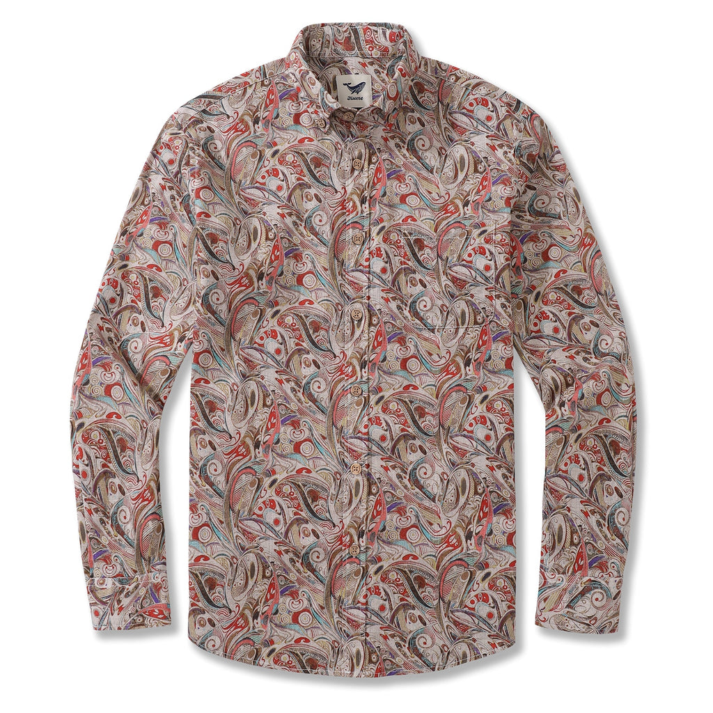 Men's long sleeve button-down Aloha shirt in beige with red, teal, and gold geometric patterns