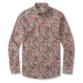 Men's long sleeve button-down Aloha shirt in beige with red, teal, and gold geometric patterns