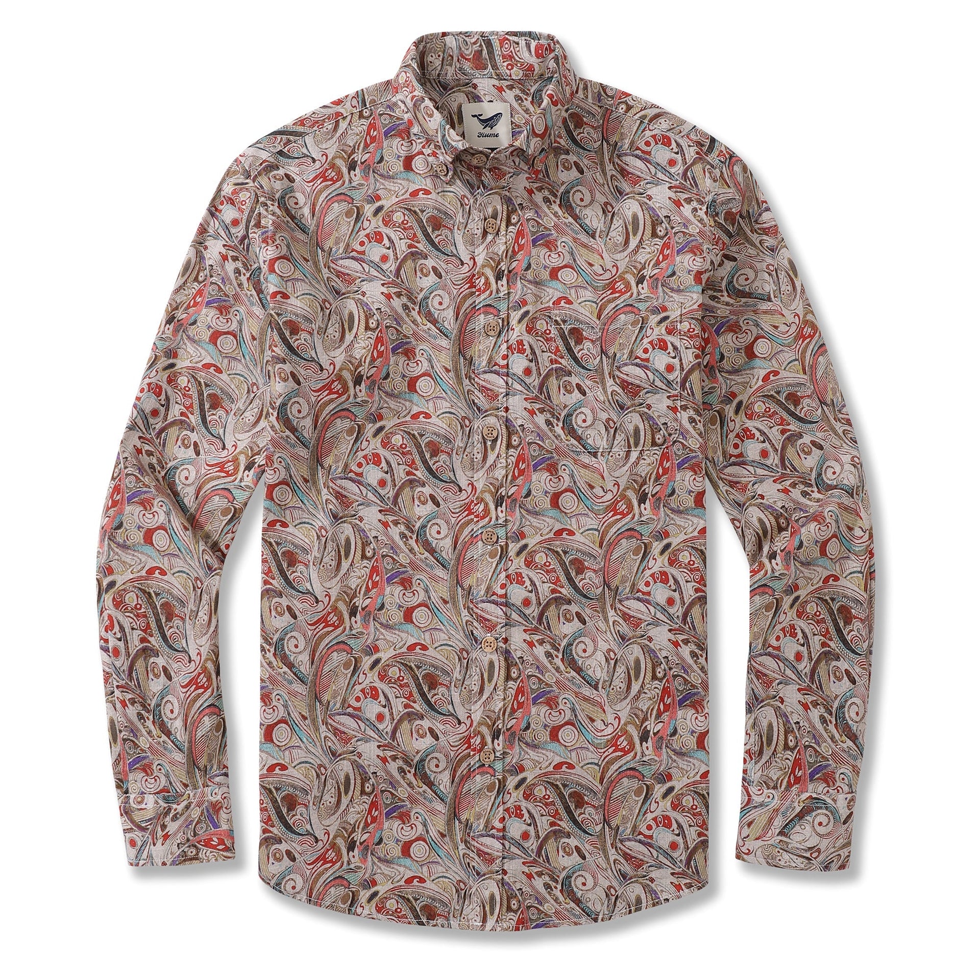 Men's long sleeve button-down Aloha shirt in beige with red, teal, and gold geometric patterns
