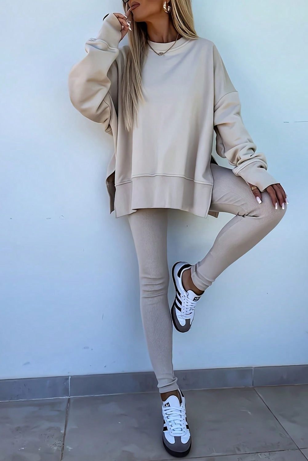 Jet Stream Oversize Slit Sweatshirt & Ribbed Leggings Set