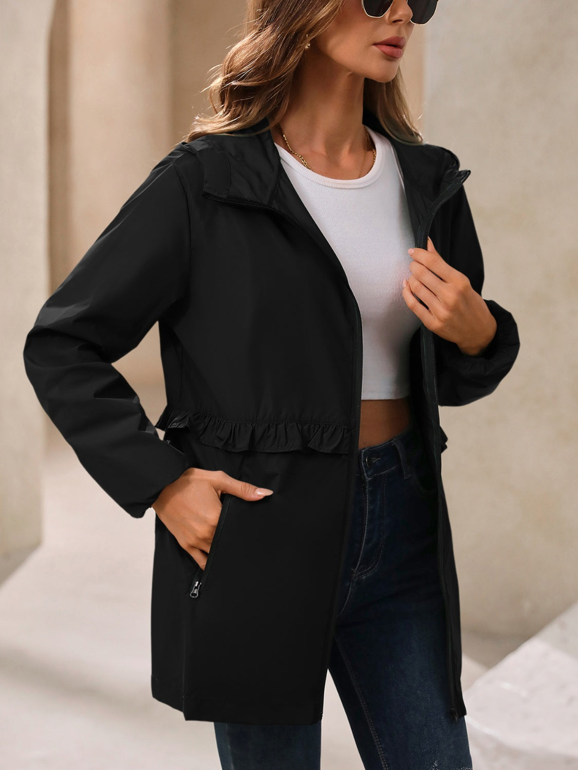 Women's Waterproof Hooded Windbreaker Jacket with Waist Detail - Image 25