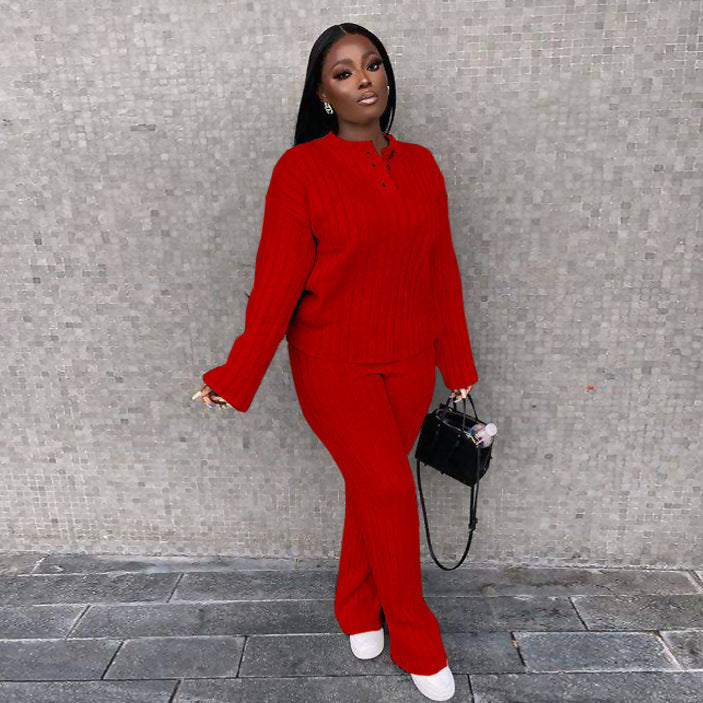 Women's Minimalist Long Sleeve Knit Two-Piece Loungewear Suit