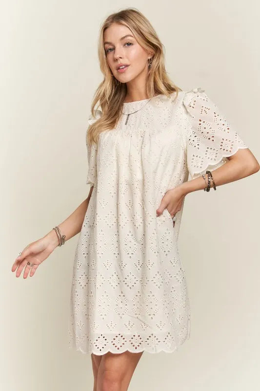 Ruffled Eyelet Round Neck Summer Dress for Garden Parties