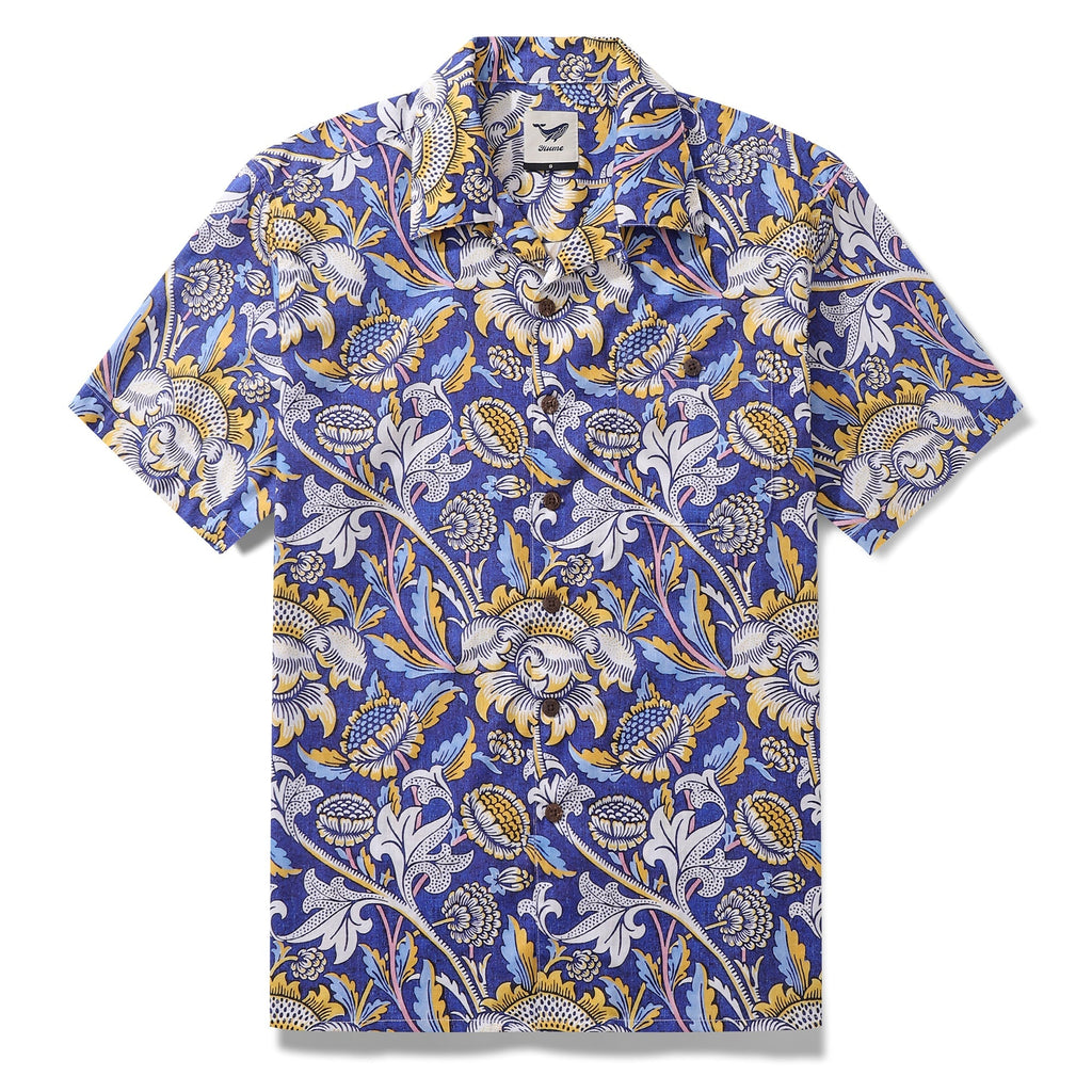 Men's 100% cotton Hawaiian shirt in an azure garden floral print with a camp collar.