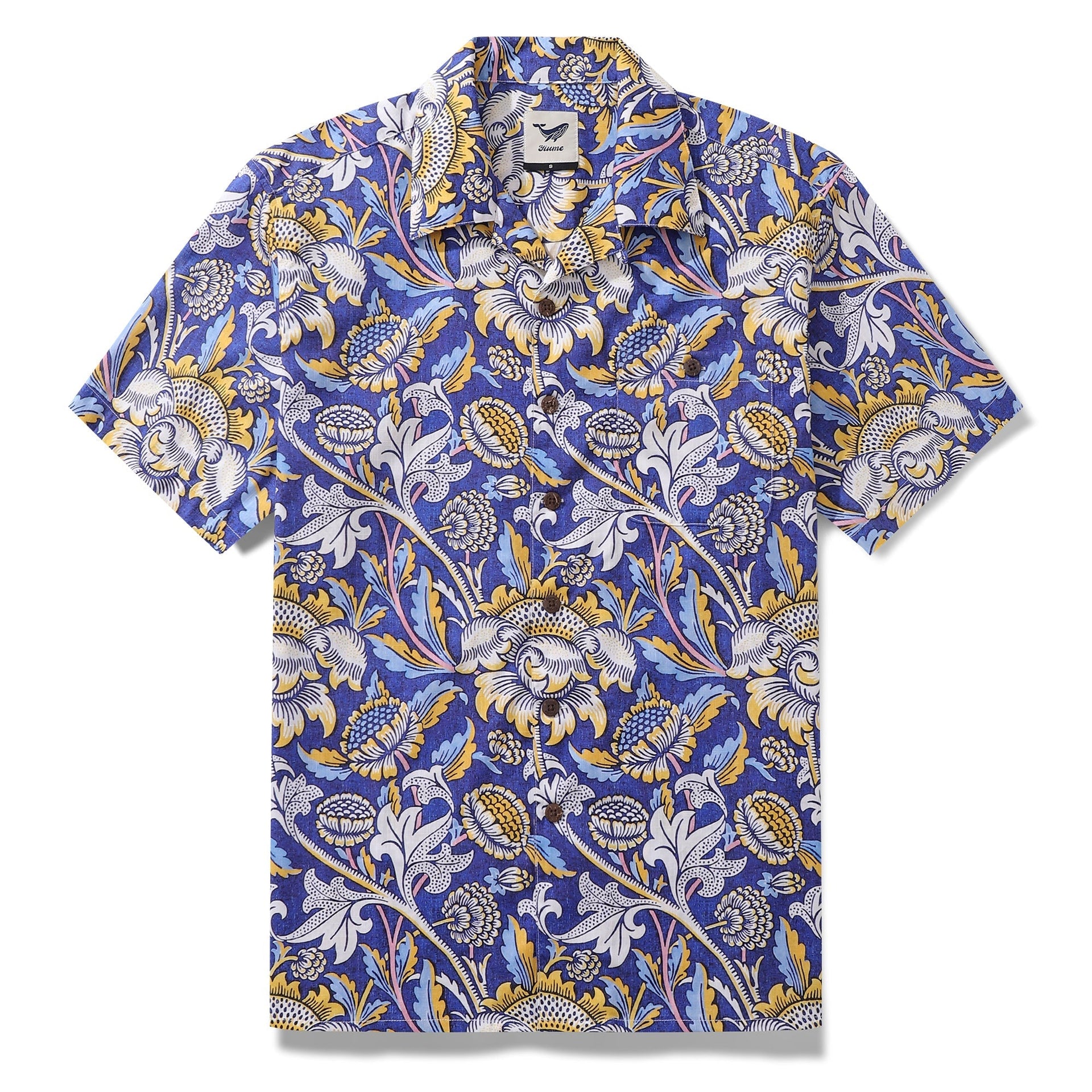 Men's 100% cotton Hawaiian shirt in an azure garden floral print with a camp collar.