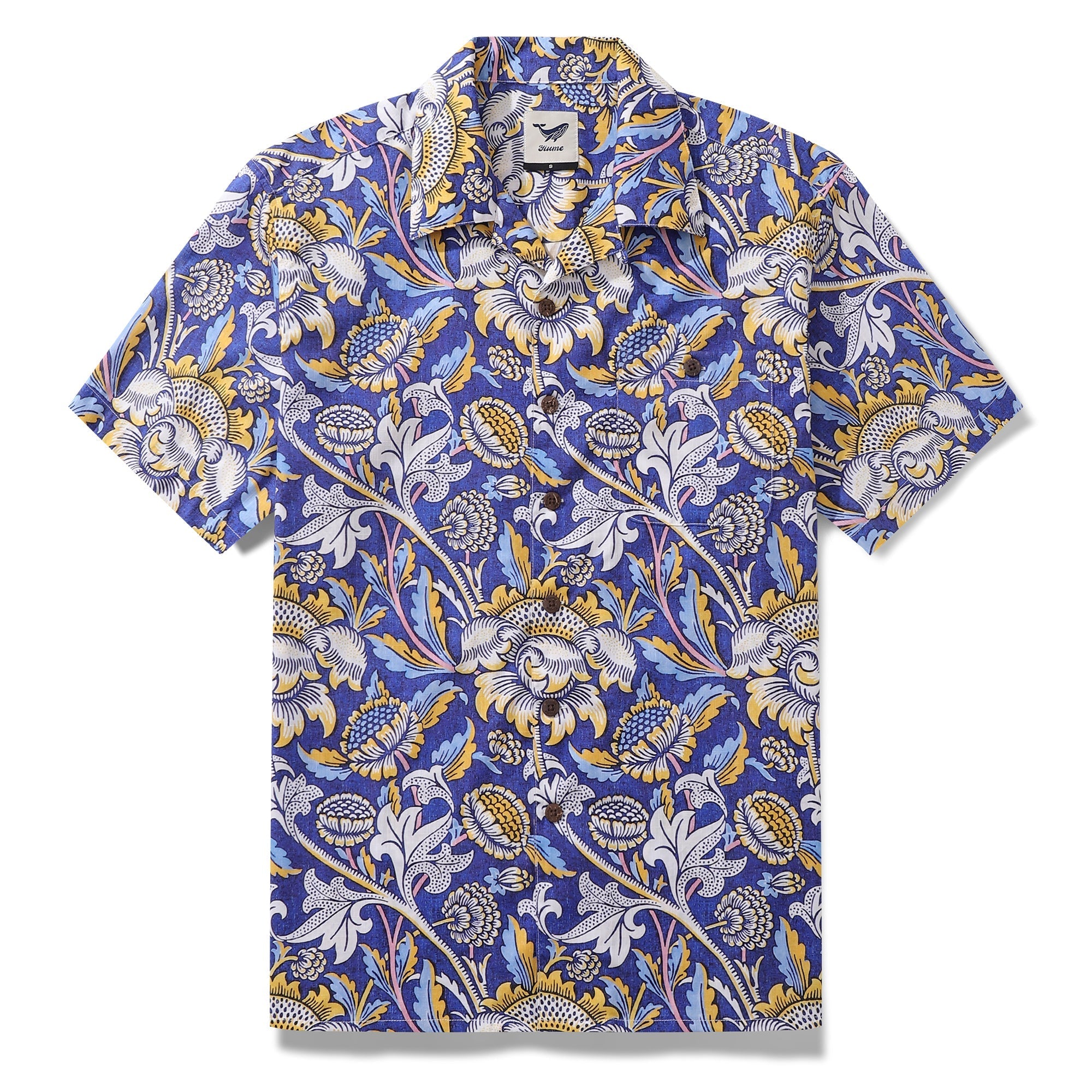 Men's 100% cotton Hawaiian shirt in an azure garden floral print with a camp collar.