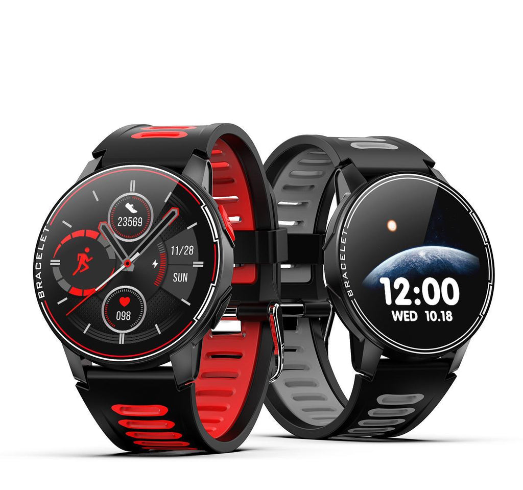 Professional sports smartwatch in black or red with heart rate monitor display.