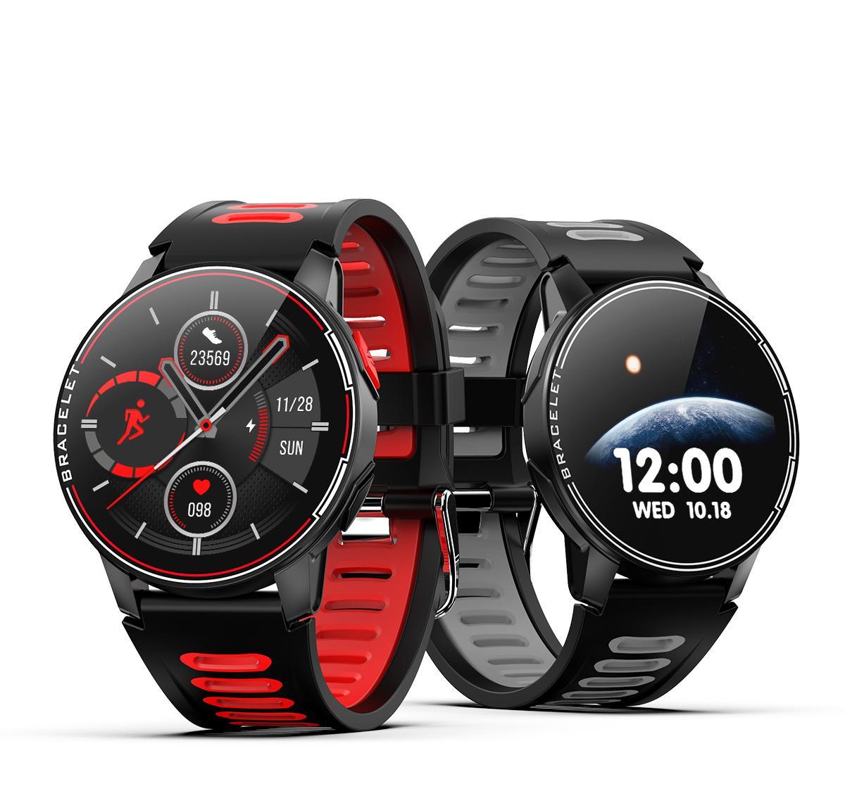Professional sports smartwatch in black or red with heart rate monitor display.
